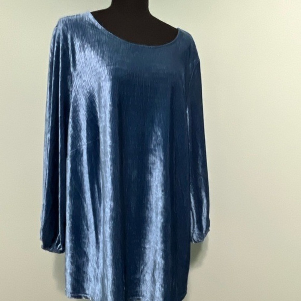 Adrianna Papell Blue Crushed Velvet Pleated Balloon Sleeve Blouse Top